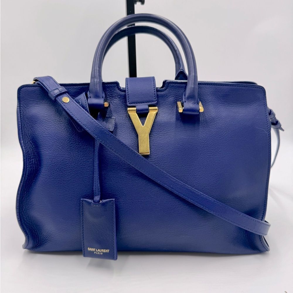 Auth Saint Laurent Small Classic Ligne Y Blue Leather Paris Chyc Cabas Tote 2way - Picture 1 of 15